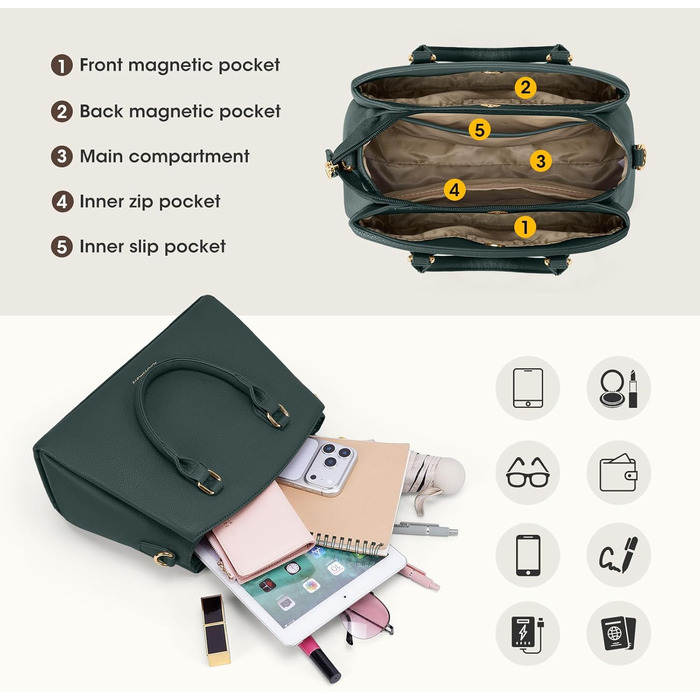 Сумка жіноча RAINSMORE середнього розміру з екошкіри, темно-зелена. Для планшета 11