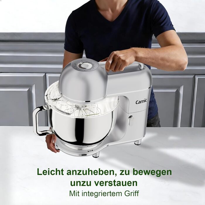 Кухонна машина Camic 2000W: планетарний міксер з чашею з нержавіючої сталі 7л, 10 швидкостями, набором насадок та захистом від бризок, сріблястий