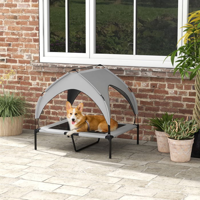 PawHut Elevated Dog Bed with Canopy, Pet Bed, Outdoor Dog Lounger with Roof, Breathable, for Large Dogs Light Grey Oxford 91 x 76 x 89 cm | Aosom