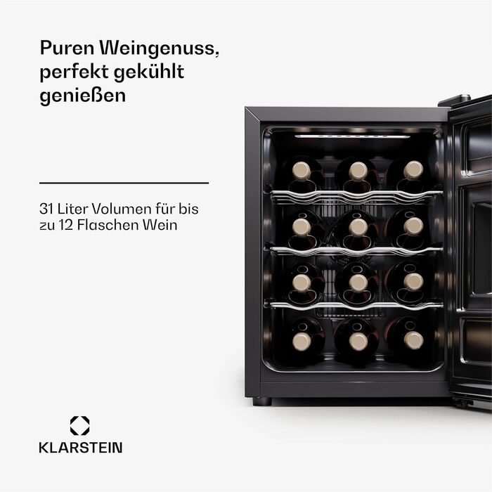 Klarstein Freistehendій виноховильник, 1 зона, 12 пляшок, 5-22°C. Виноховильник з прозорою дверцятами для вина та пива.