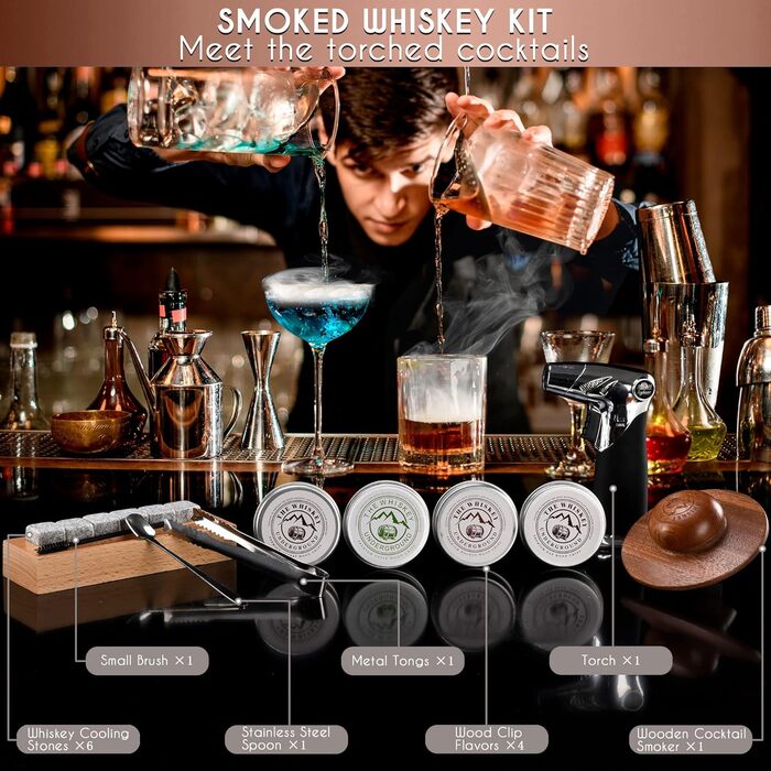 Набір для копчення віскі – Cocktail Smoking Set з підставкою для копчення, пропановою пальником, щипцями, дубовими та волоськими трісками – Преміум дерев'яна коробка – 11.88x9.96x2.9x2.75x2x2.75 см