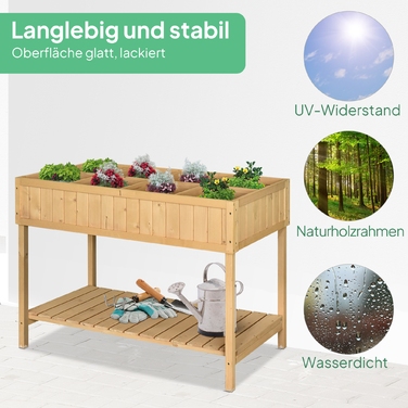 Outsunny Planting Table Raised Garden Bed Planting Table Flower Box Seedling Table 8 Compartments with Drainage, Shelf, Fir Solid Wood Natural Wood 110 x 46 x 76 cm | Aosom