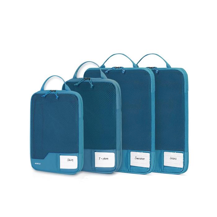 Органайзери для валіз ECOHUB (набір 4 шт) з мітками, екологічні, з перероблених матеріалів, для рюкзаків та валіз, з міцною сіткою, тревел-органайзери (зелений, блакитний)