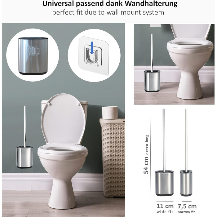 Силіконова щітка для унітазу 3-в-1 з тримачем та кріпленням на стіну, довга ручка з нержавіючої сталі, гігієнічна з ламелями та скребком - набір для ванної кімнати та гостьового туалету, нержавіюча сталь, срібло