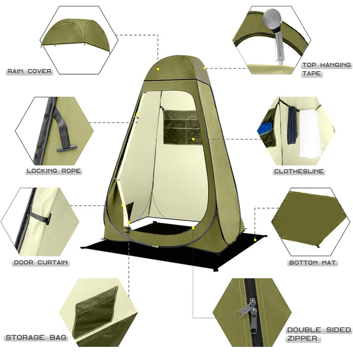 Brian & Dany Pop Up Camping Shower Tent - Portable Privacy Tent with Rainfly & Windows - Outdoor Changing Tent, UPF 50+ Waterproof, Green