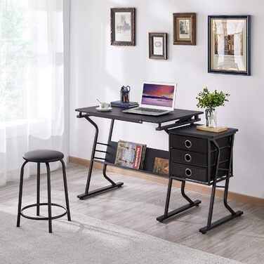 Yaheetech Kids Art Desk Set with Tiltable Tabletop, Side Table with 3 Drawers, Round Chair, and Storage Shelf for Writing, Reading, Painting, and Drawing