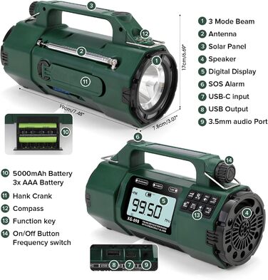Радіоприймач аварійний з сонячною панеллю та ручним заводом, 5000mAh, AM/FM/SW/NOAA, будильник, компас, зарядний пристрій для телефону, зелений (хакі)