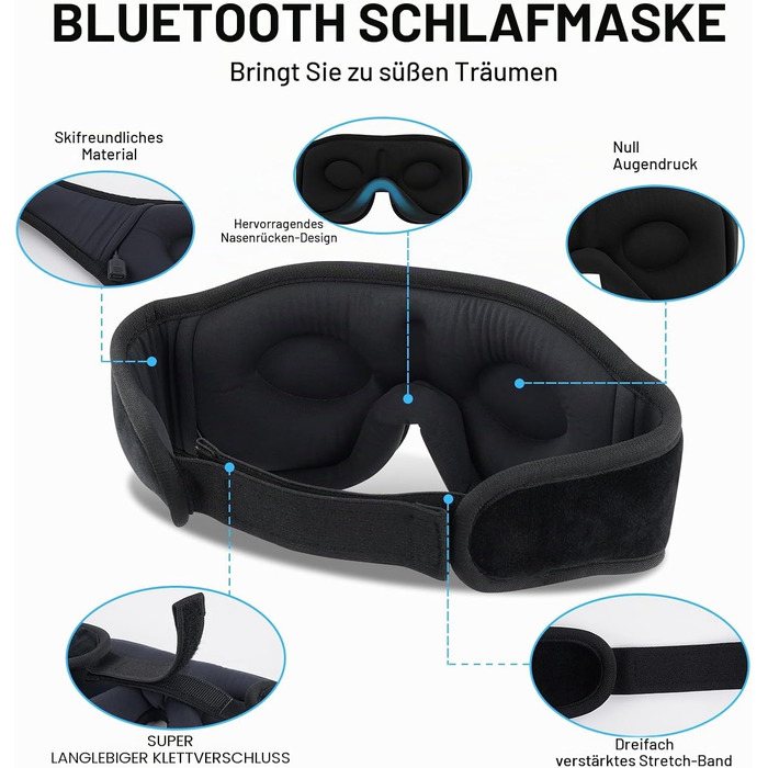 Маска для сну з Bluetooth навушниками 3D, бездротова маска для очей для комфортного сну на боці/спині, чорні навушники для сну