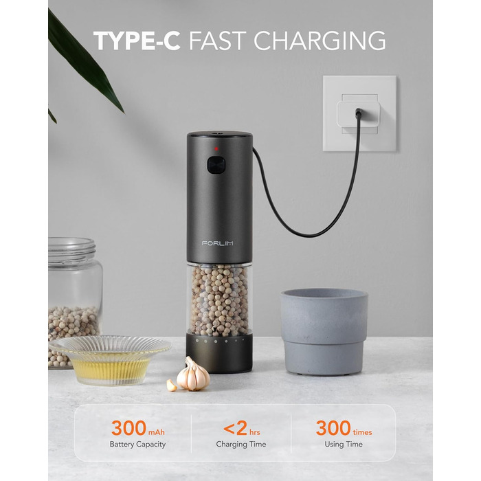Електрична мельниця для солі та перцю FORLIM, USB-зарядка, регулювання помелу, 7 ступенів, 2 шт. (чорний+білий)