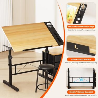 Adjustable Drafting Table with Tilt - 0-60° - Includes Stool & Storage - Wood Finish for Home & Office