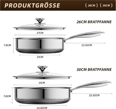 Сковорода глибока з кришкою 30 см FD-D з нержавіючої сталі гібридна, з холодною ручкою, для всіх плит (індукція), посудомийна машина, без PFAS/PFOA/PTFE, жаростійка до 260°C