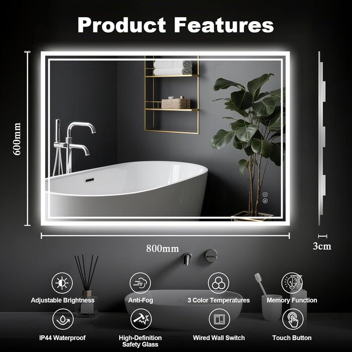 LED дзеркало для ванної кімнати з підсвічуванням 60 x 80 см – антизапар, 3 кольори, регулювання яскравості, подвійний сенсорний вимикач, функція збереження налаштувань при відключенні електроенергії, монтаж горизонтально/вертикально, квадратна форма.