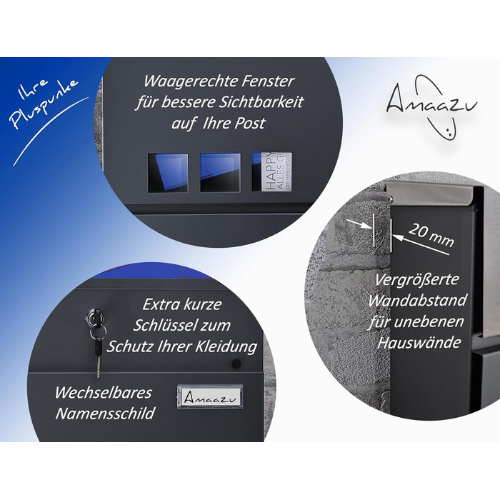 Поштовий ящик антрацит з нержавіючої сталі, з вікном та табличкою для імені, відділення для газет, замок з 2 ключами, настінний поштовий ящик RAL 7016, великий розмір