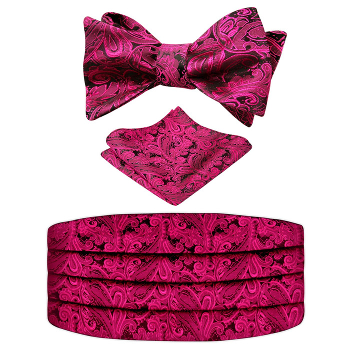 Комплект краватка-метелик та нагрудна хустинка Alizeal Paisley (Чорний + Фуксія)