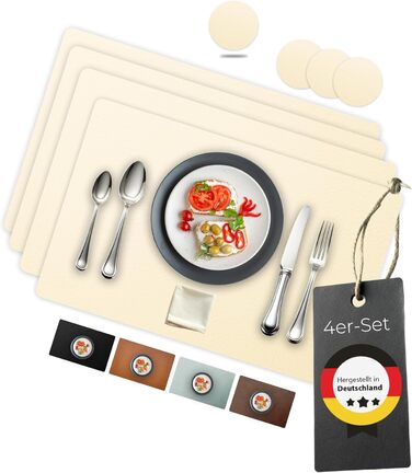 Washable Table Placemats 4-Piece Set – Sustainable, Stable & Non-Slip – High-Quality Recycled Leather, Made in Germany (Beige)