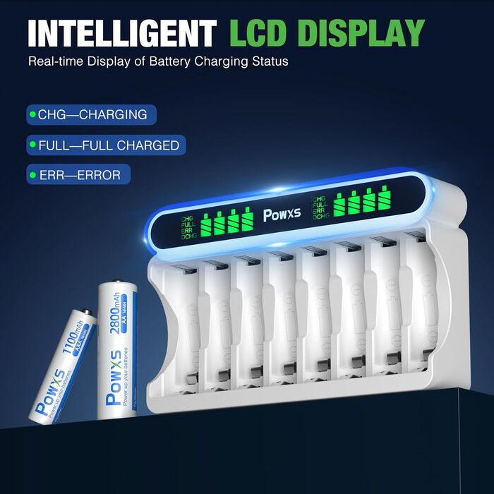 Зарядний пристрій POWXS для акумуляторів NI-MH NI-CD AA/AAA, 8 слотів, LCD дисплей, швидка зарядка Micro USB/Type-C