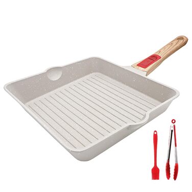 Сковорідка гриль 24x24 см з знімною ручкою, алюмінієва антипригарна сковорода для стейків, підходить для посудомийної машини та духовки (біла) 24 см