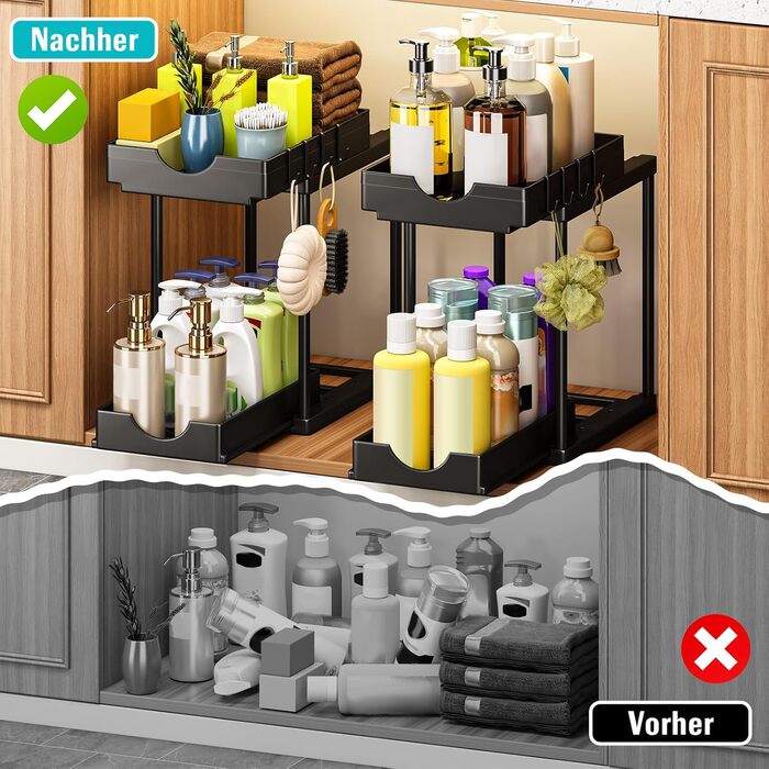 StowBin Kitchen Organizer, 2 Pack Under Sink Shelf with 4 Hooks, Dish Cabinet Organizer, Bathroom Organizer, Closet Organizer, Organization System for Kitchen