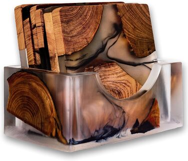 Wooden Coaster Set, Epoxy Coasters, Modern Coasters with Holder, Cedar Wood Coasters (4, add holder)