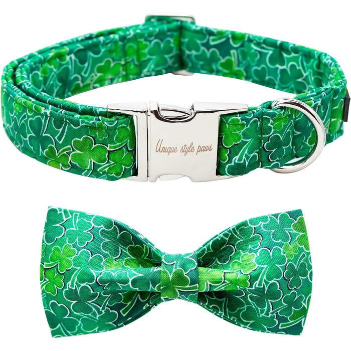 Нашийник для собак Unique Style на День Святого Патріка з бантиком, зелений клевер, для цуценят, маленьких, середніх та великих собак, хлопчиків та дівчаток, білий трилисник