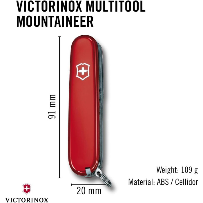 Швейцарський ніж Victorinox Mountaineer, мультитул, 18 функцій, з лезом, відкривачкою для пляшок та консервів, червоний