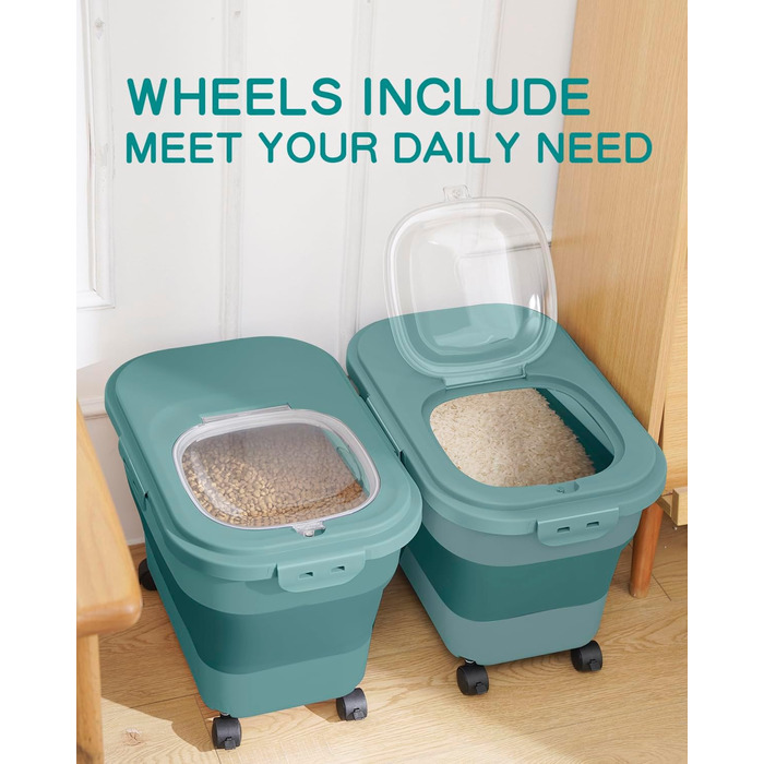 Контейнер для зберігання рису, складний, на колесах, з герметичним кришкою, мірний стакан та лопатка, для продуктів, рису, кормів для тварин, борошна, темно-зелений, 9-13,6 кг
