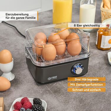 Яйцеварка First Austria TZS Grey - 8 яєць, 4 режими, функція приготування на пару, автовимкнення, захист від перегріву, мірна склянка та формочки для яєць