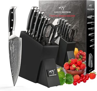 NANFANG BROTHERS 18-Piece Damascus Kitchen Knife Set with Hammered Handles & Wooden Block - Premium Quality