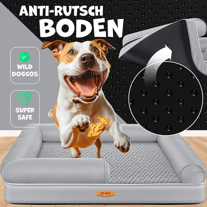 Orthopedic Dog Bed, Dog Cushion, Dog Basket Relax, Incl. Bowl + 3x Chew Bones, Dog Sofa for Small, Medium & Large Dogs, Removable and Washable Cover, 91x71x22cm (L (106 x 80 x 25 cm), Grey)