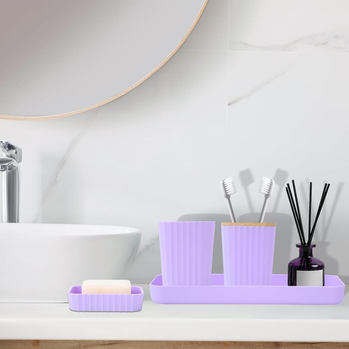 Набір аксесуарів для ванної кімнати з чорним малюнком мармуру: сміттєвий бак, тумбочка під раковину, дозатор мила, мильниця, тримач для зубних щіток, стакан для зубних щіток, щітка для унітазу та тримачі для ватних паличок (порожній, світло-фіолетовий, на