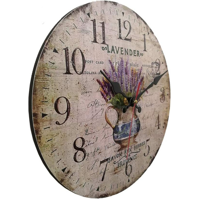 YOAI Wall Clock Kitchen Clock Vintage Shabby CHIC Antique Nostalgia Rustic MDF Quartz Clock with Silent Movement, 12 inch/30CM Ø (Lavender in Pot)