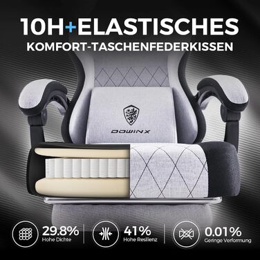 Ігровий крісло Dowinx з тканиною, пружинним сидінням та масажем попереку, з підніжкою для дорослих. Ергономічний ігровий крісло великого розміру, сірий (135 кг)