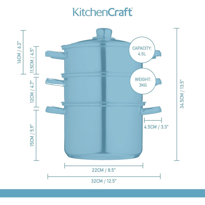 Набір з 3 каструль KitchenCraft з пароваркою, 3-рівневий, з нержавіючої сталі, для індукції, 22 см, сріблястий, у подарунковій коробці