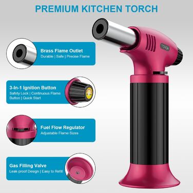 Нагрівач для крем-брюле, перезавантажуваний, рожево-чорний. Міні-нагрівач з безпечним закриттям та регульованим полум'ям для десертів, крем-брюле, барбекю. (Бутан не входить до комплекту)