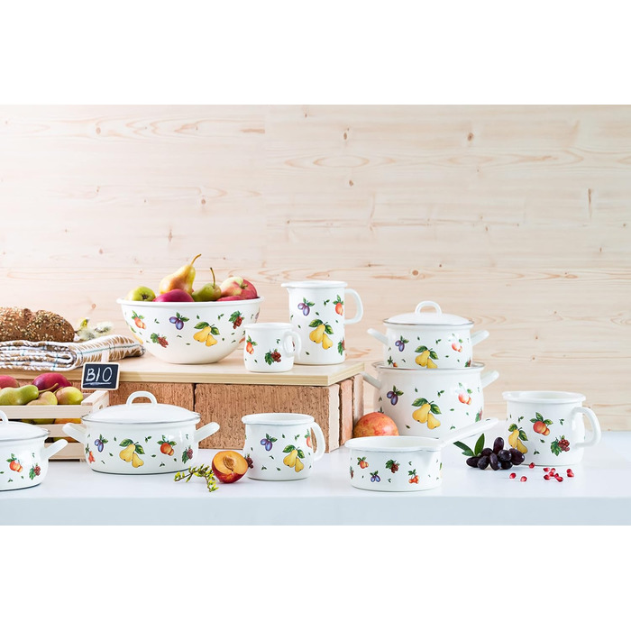 Riess, 0337-068, Kitchen Measuring Cup 9 0.5 L, COUNTRY - FRUIT GARDEN, Diameter 9 cm, Height 12.0 cm, Capacity 0.5 Liters, Enamel, white with fruit decoration, Induction