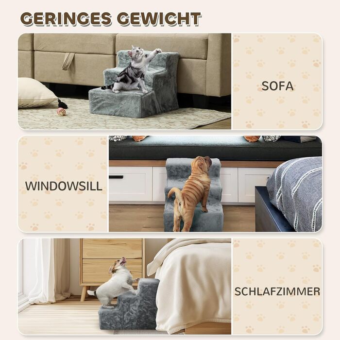 PawHut 4-Step Dog Stairs, 35 cm Cat Stairs for Bed and Sofa, Pet Stairs for Dogs and Cats up to 5 kg, Plush Appearance, (46L x 35W x 35H cm, Light Gray)