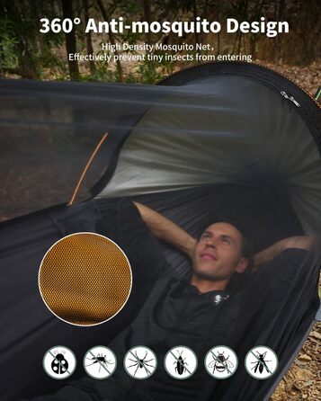 Гамак для кемпінгу 4-в-1 з москітною сіткою та знімним сонцезахистом, 290x140 см, для відпочинку на природі, пікніків, походов та подорожей. Армійний зелений та помаранчевий кольори.