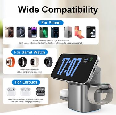 Зарядна станція QI2 3-в-1: бездротовий зарядний пристрій для iPhone, AirPods, iWatch з охолодженням та тримачем, 33W адаптер, срібний