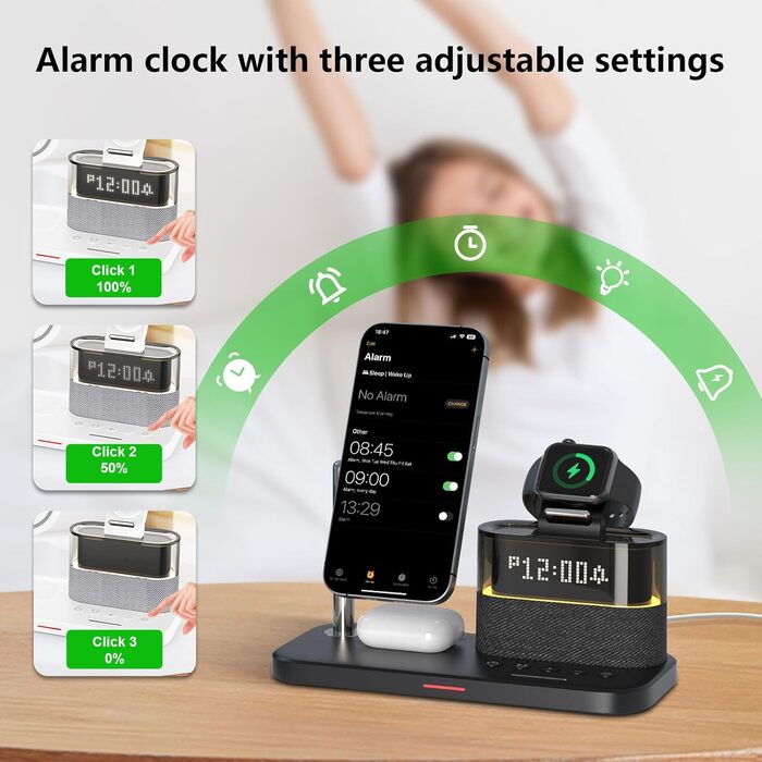 5-в-1 Бездротова зарядна станція з годинником та нічником для iPhone 17/16/15/14/13/12 Pro Max, Apple Watch, AirPods - 33W адаптер, білий