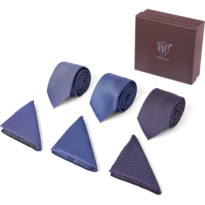 Набір краваток для чоловіків 3 шт. + 3 кишенькові хустинки | Подарунковий бокс для чоловіків на весілля | Класичні краватки та хустинки (світло-блакитний, блакитний у клітинку)
