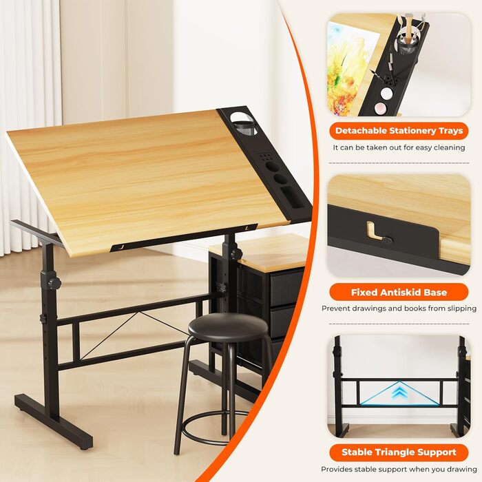 Adjustable Drafting Table with Tilt - 0-60° - Includes Stool & Storage - Wood Finish for Home & Office