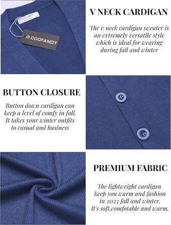 Чоловічий в'язаний кардиган COOFANDY з V-подібним вирізом, повсякденний, легкий, на ґудзиках, синій (M)