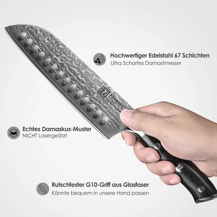 Ніж Santoku Keemake Damastmesser 17.8 см, професійний кухонний ніж з дамаської сталі (67 шарів) для м'яса та риби, ніж для шеф-кухаря 18 см