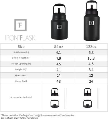 3.8L Stainless Steel Water Bottle with 2 Lids (Straw and Spout) - Leak-Proof Thermos Bottle Metal Water Bottle Double-Walled Insulated BPA-Free