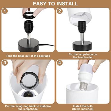 Kakanuo Настільна лампа з 3 колірними температурами, біла лампа з вимикачем, бавовняний абажур, маленька настільна лампа для вітальні, спальні, офісу, дитячої кімнати (LED лампа в комплекті), A-білий+чорний (A-білий+чорний-2 шт.)