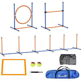 Набір для аджиліті PawHut для собак, 8 предметів, для вулиці, з тканинними стовпчиками, регульоване кільце для стрибків, бар'єри, зона відпочинку, тенісні м'ячі, свисток, шорти для тренувань