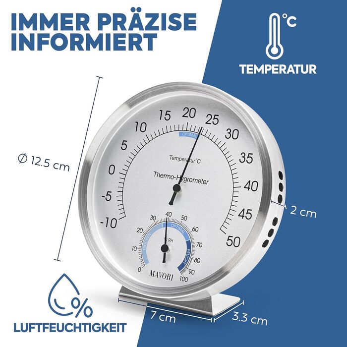 MAVORI® 2-in-1 Stainless Steel Thermometer & Hygrometer | Analog Hygrometer & Thermometer | Humidity Meter & Room Thermometer for a Healthy Indoor Climate | Ø 12.5cm