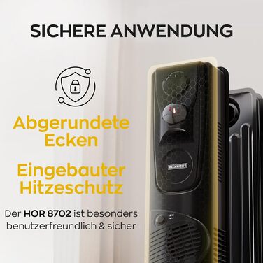 Електричний масляний радіатор Heinrich з 13 ребрами, 2500W, з вентилятором, терморегулятором, захистом від перегріву та нахилу, чорний