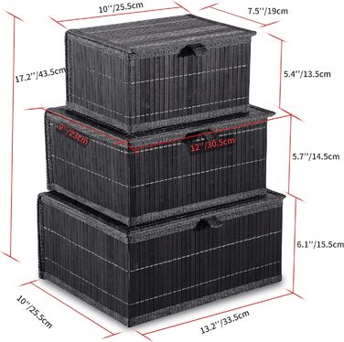Honeycomb Storage Basket with Lid, Woven - Bamboo Decor Storage Boxes, Set of 3 Rattan Basket with Lid Woven Fabric Insert for Bathroom Kitchen Shelf Organization (Large/Medium/Small) (Black Box)