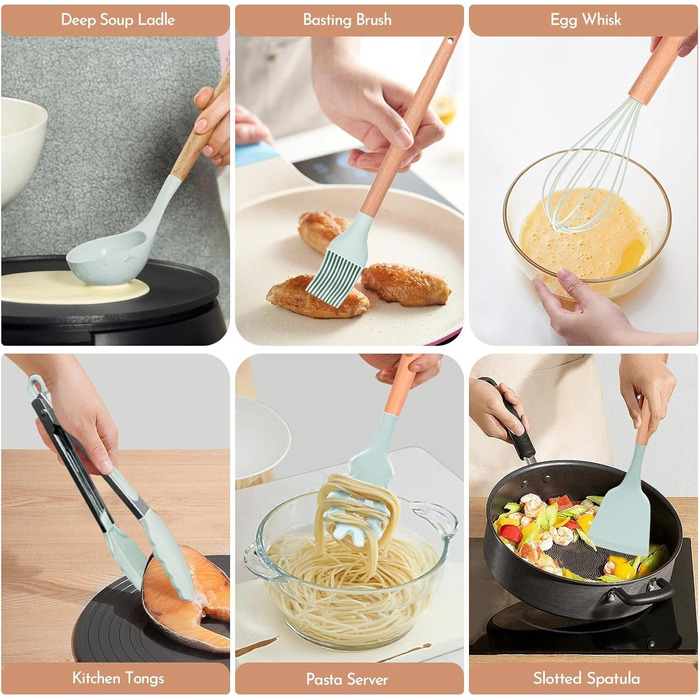 Набір кухонних аксесуарів Howephofly, 23 шт., силікон, антипригарне покриття, стійкий до нагріву, з тримачем та гачками для кухонних рушників (світло-зелений)